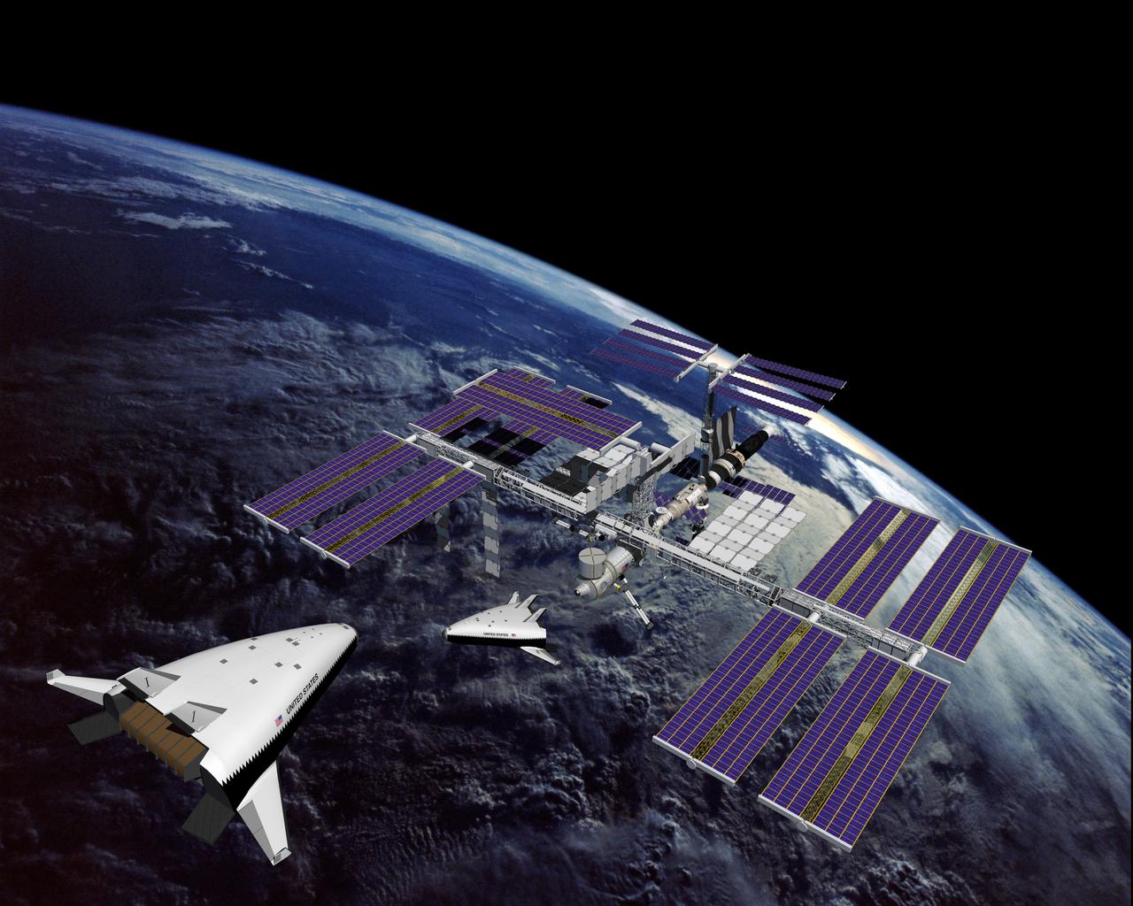 This is an artist's concept of the completely operational International Space Station being approached by an X-33 Reusable Launch Vehicle (RLV). The X-33 program was designed to pave the way to a full-scale, commercially developed RLV as the flagship technology demonstrator for technologies that would lower the cost of access to space. It is unpiloted, taking off vertically like a rocket, reaching an altitude of up to 60 miles and speeds between Mach 13 and 15, and landing horizontally like an airplane. The X-33 program was cancelled in 2001.