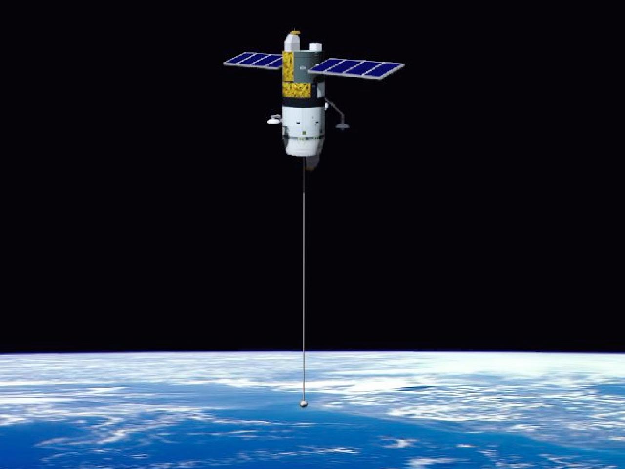 This picture is an artist's concept of an orbiting vehicle using the Electrodynamic Tethers Propulsion System. Relatively short electrodynamic tethers can use solar power to push against a planetary magnetic field to achieve propulsion without the expenditure of propellant.
