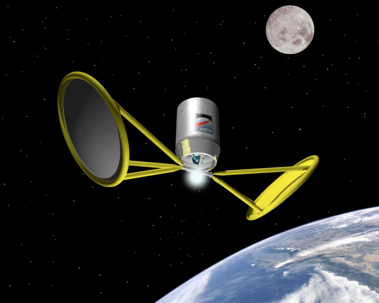 Harnessing the Sun's energy through Solar Thermal Propulsion will propel vehicles through space by significantly reducing weight, complexity, and cost while boosting performance over current conventional upper stages. Another solar powered system, solar electric propulsion, demonstrates ion propulsion is suitable for long duration missions. Pictured is an artist's concept of space flight using solar thermal propulsion.