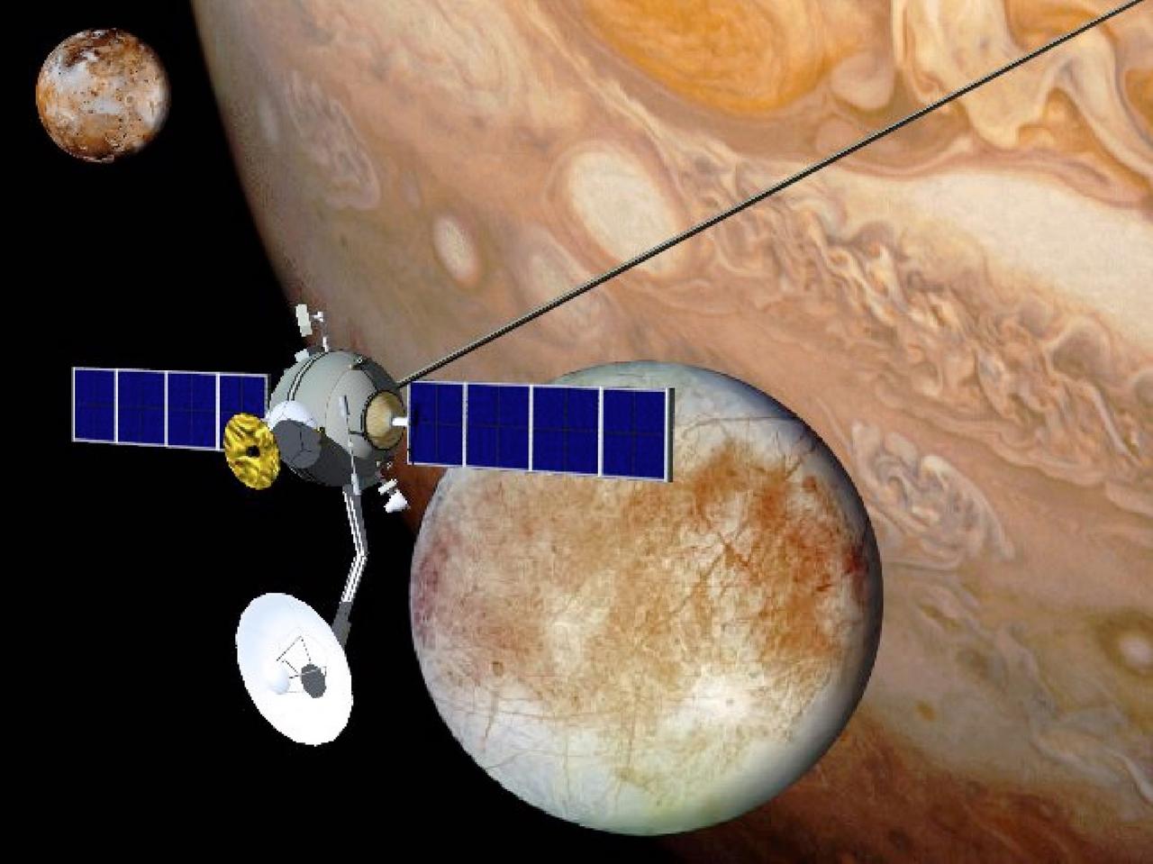 This is an artist's concept of an orbiting space vehicle in the Jovian system using an electrodynamic tether propellantless propulsion system. Electrodynamic tethers offer the potential to greatly extend and enhance future scientific missions to Jupiter and the Jovian system. Like Earth, Jupiter posses a strong magnetic field and a significant magnetosphere. This may make it feasible to operate electrodynamic tethers for propulsion and power generation.