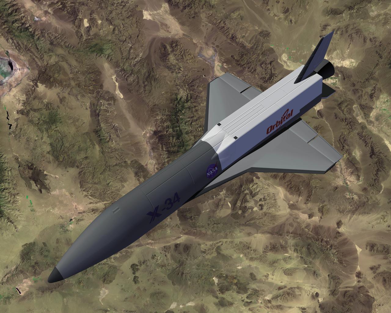 This artist's concept depicts the X-34 Demonstrator in flight. Part of the Pathfinder Program, the X-34 was a reusable technology testbed vehicle that was designed and built by the Marshall Space Flight Center to demonstrate technologies that were essential to lowering the cost of access to space. Powered by a LOX and RP-1 liquid Fastrac engine, the X-34 would be capable of speeds up to Mach 8 and altitudes of 250,000-feet. The X-34 program was cancelled in 2001.