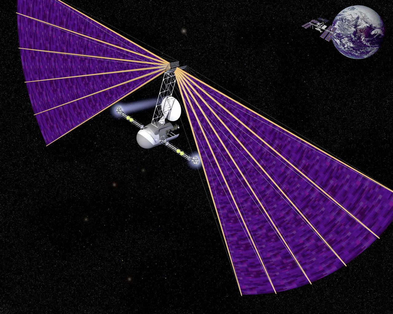 Concept of a vehicle journeys from Earth to Mars propelled by thrusters powered by electricity from photovoltaic cells on its large fan shaped sails
