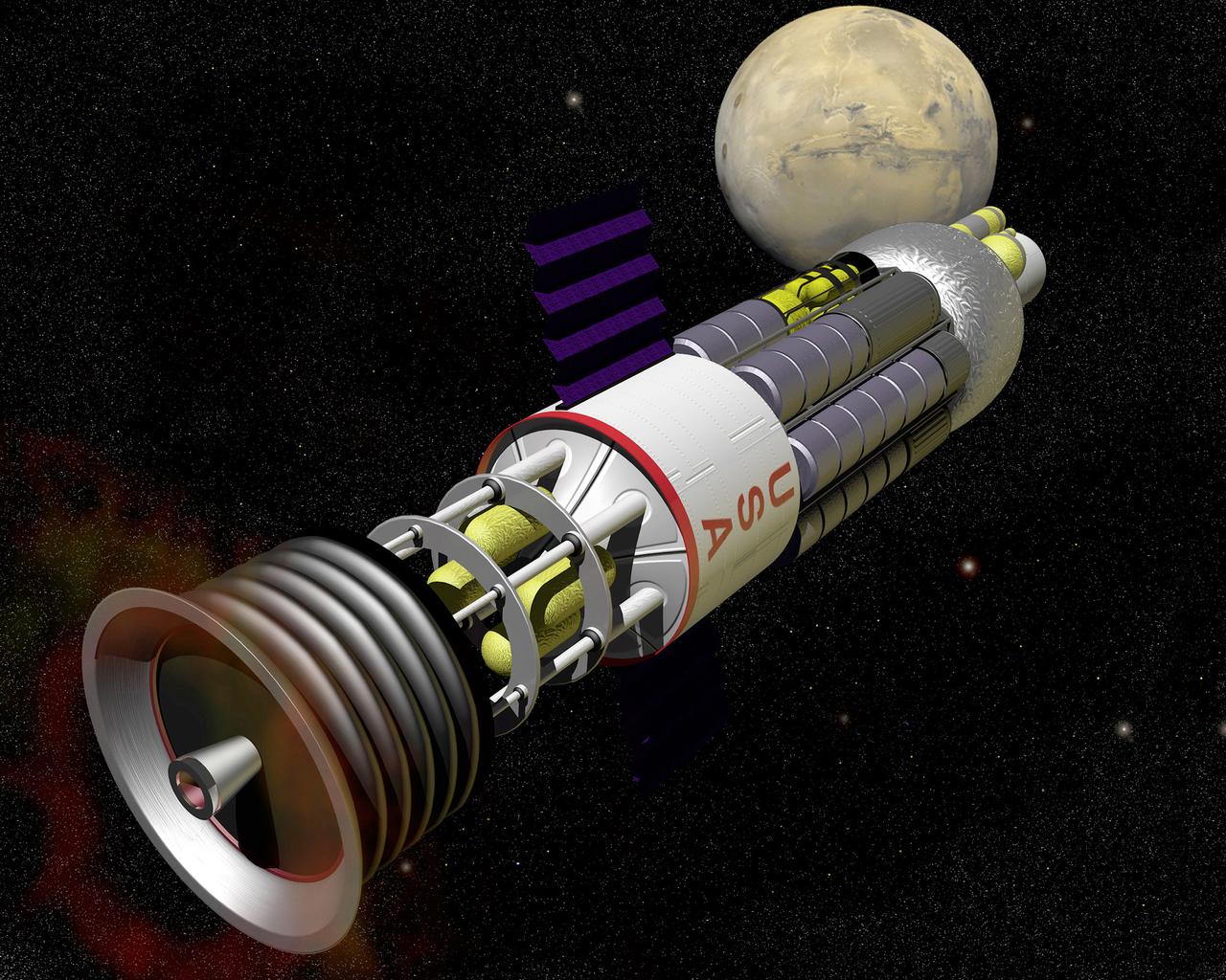 In the 1960's U.S. Government laboratories, under Project Orion, investigated a pulsed nuclear fission propulsion system. Small nuclear pulse units would be sequentially discharged from the aft end of the vehicle. A blast shield and shock absorber system would protect the crew and convert the shock loads into a continuous propulsive force.
