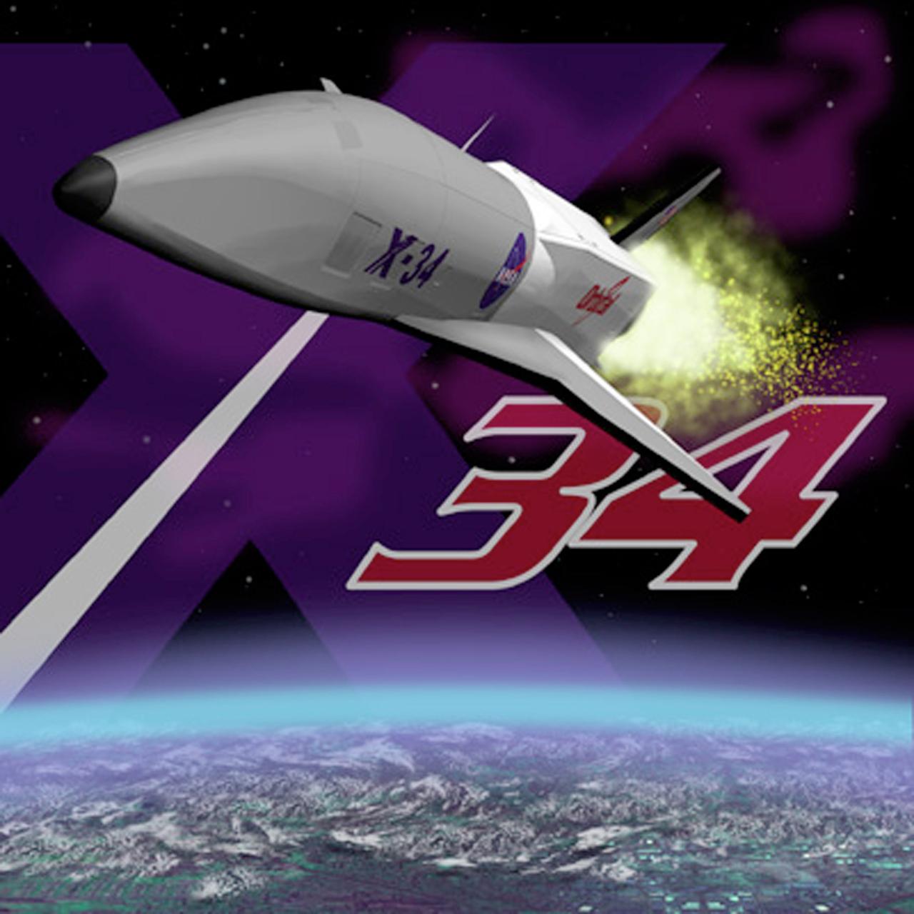 Pictured is NASA's poster art for the X-34 technology Demonstrator. The X-34 was part of NASA's Pathfinder Program which demonstrated advanced space transportation technologies through the use of flight experiments and experimental vehicles. These technology demonstrators and flight experiments would support the Agency's goal of dramatically reducing the cost of access to space and would define the future of space transportation pushing technology into a new era of space development and exploration at the dawn of the new century. The X-34 program was cancelled in 2001.