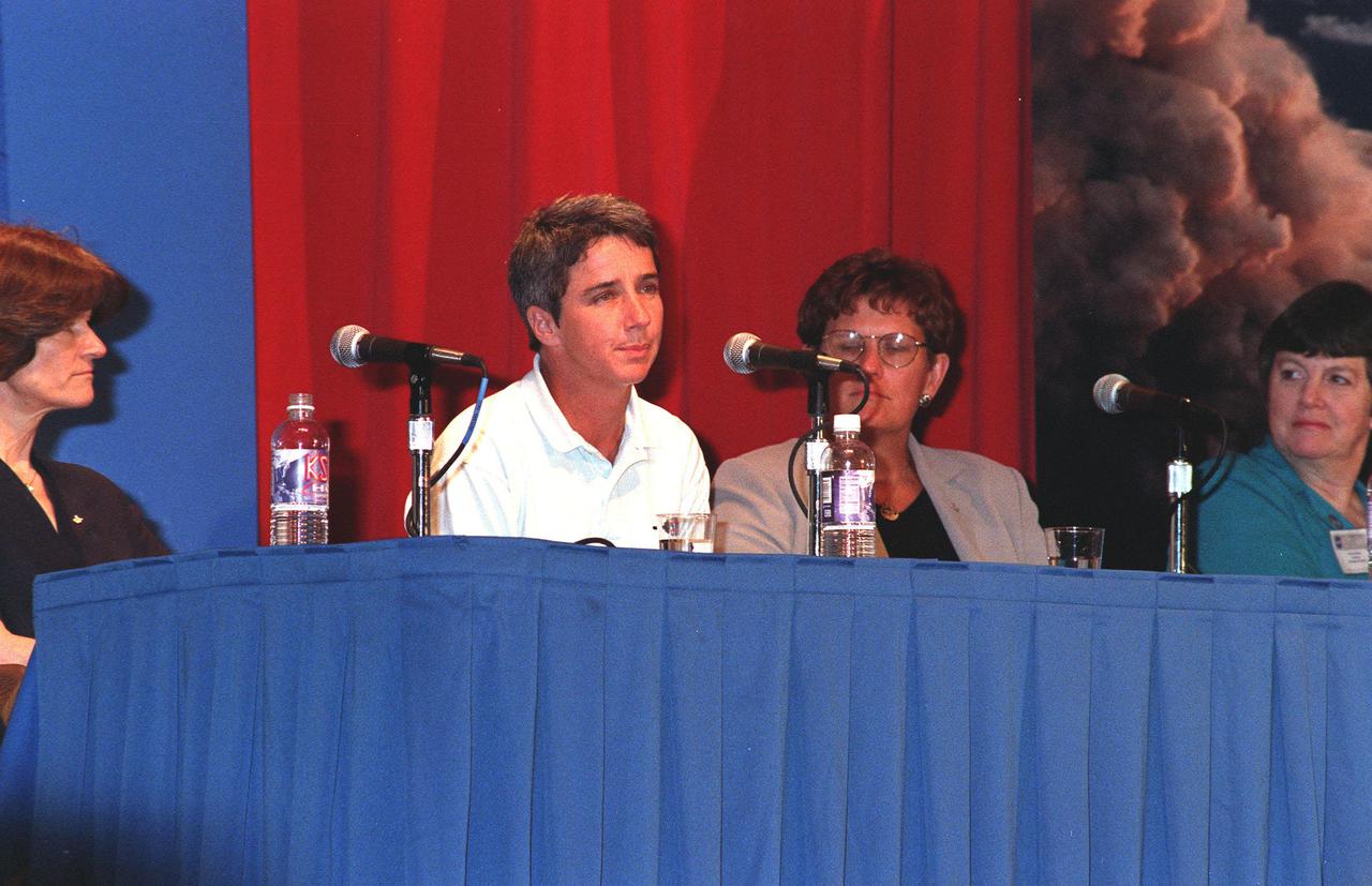 Former astronaut Sally Ride (left) sits on a panel of women discussing 'Past, Present and Future of Space.' Other participants in the women's forum include Marta Bohn-Meyer (second from left), the first SR-71 female pilot; Kathryn Sullivan, Ph.D., the first American woman to walk in space; Donna Shirley, Ph.D., the first woman leading the Mars Exploration Program; astronaut Yvonne Cagle; Jennifer Harris, flight director, Mars Pathfinder; astronaut Ellen Ochoa, the first Hispanic female in space and member of the President's commission on the Celebration of Women in American History. The panel is being moderated by Lynn Sherr, ABC News correspondent. The forum about women in space included a welcome by Center Director Roy Bridges and remarks by Donna Shalala, secretary of Department of Health and Human Services. The attendees are planning to view the launch of STS-93 at the Banana Creek viewing sight. Much attention has been generated over the launch due to Commander Eileen M. Collins, the first woman to serve as commander of a Shuttle mission. The primary payload of the five-day mission is the Chandra X-ray Observatory, which will allow scientists from around the world to study some of the most distant, powerful and dynamic objects in the universe. Liftoff is scheduled for July 20 at 12:36 a.m. EDT