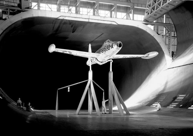 NASA image: F-84F jet airplane in the Ames 40X80 foot wind tunnel.