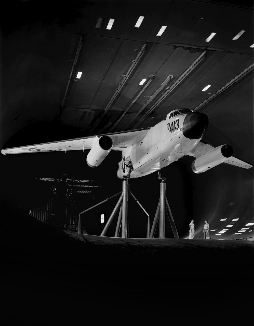 Testing the wing boundary layer control of the A3D in the 40 x 80 wind tunnel.  Boundary layer control was added to increase the lift of the wing for aircraft carrier take off and landing.