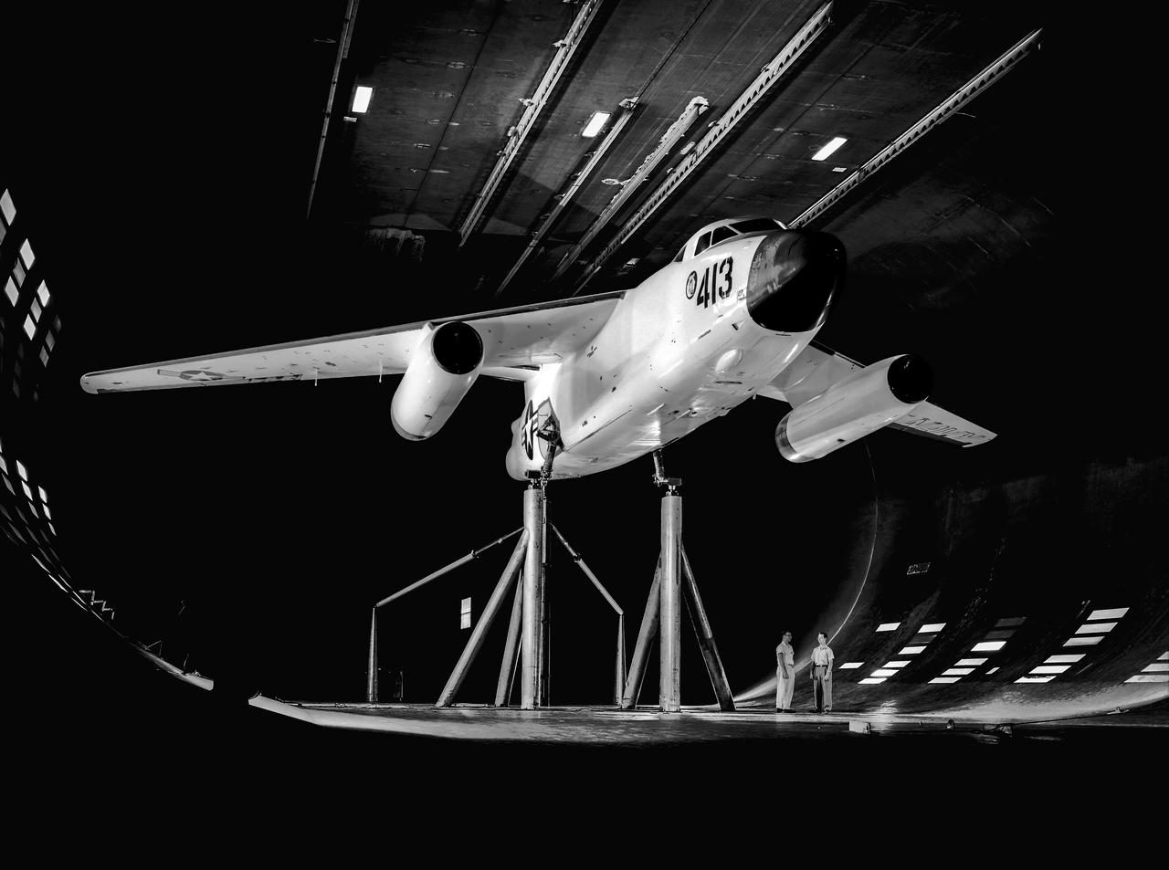 The Ames 40 by 80 foot full scale wind tunnel could just accommodate the 72.5 foot wingspan of the Douglas A3D Sky warrior. Date unknown. -: Unknown film. SBA settings neutral SBA on, color SBA on