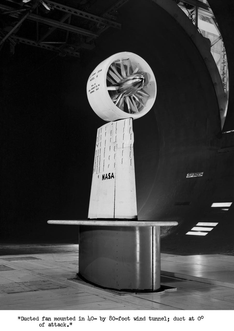 Wind Tunnel investigation of ducted fan though 180 deg angle of attack. 3/4 front view of Doak ducted fan, semi-span model with tufts.
