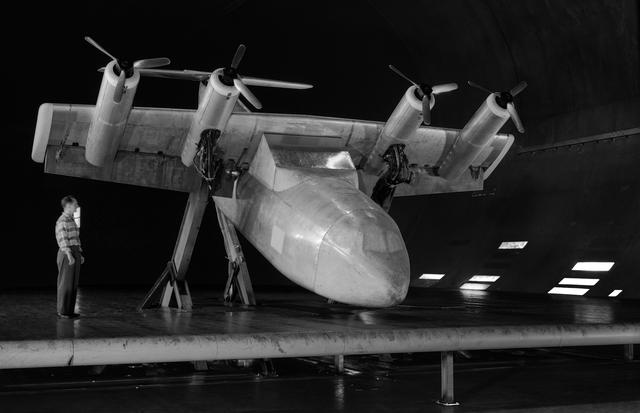 NASA image: Tilt Wing Propeller Model Tested in the Ames 40x80 Foot Wind Tunnel.