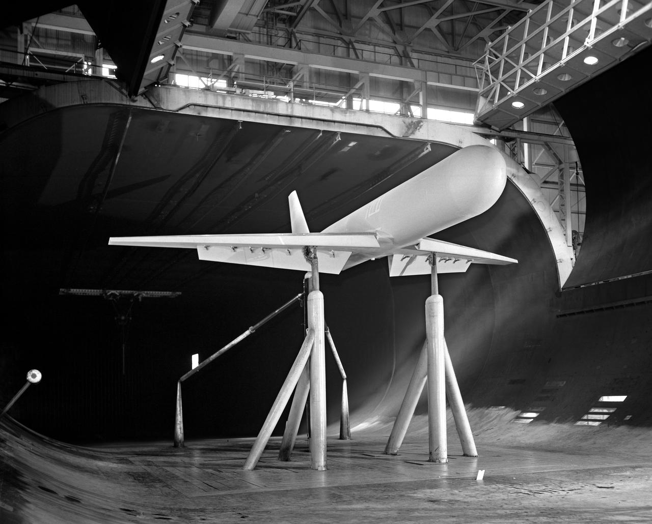 3/4 front view of model without nacelles on regular struts. Generalized Subsonic Jet Transport model with leading edge and trailing edge blowing BLC in the 40x80 foot wind tunnel at NASA Ames.