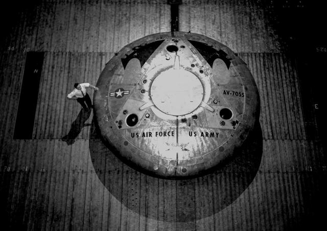 NASA image: Overhead View of Avrocar Annular Jet VTOL Airplane in Ames 40x80 foot Wind Tunnel.