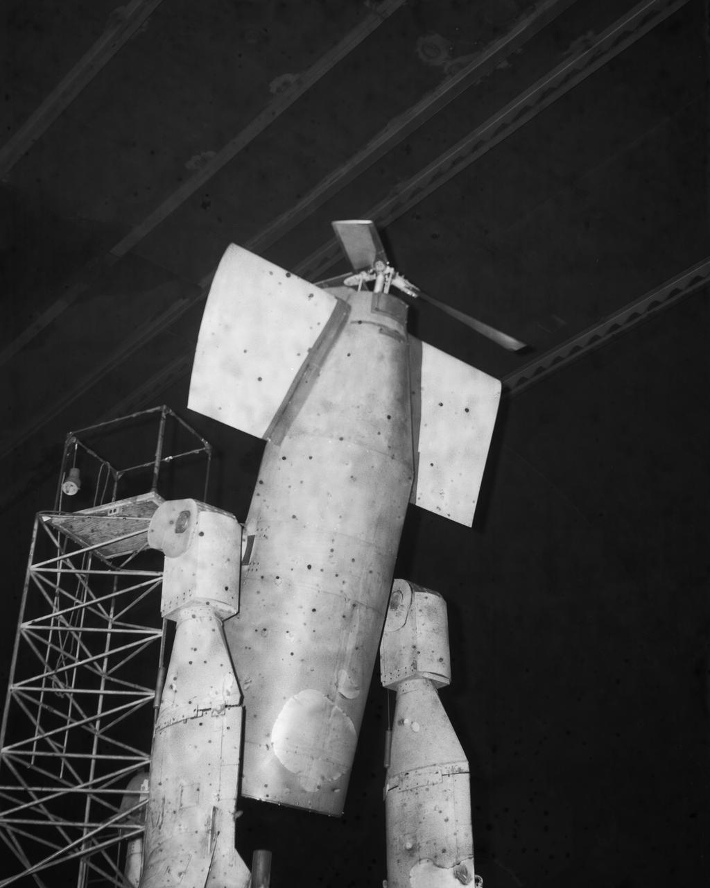 Vertol-76 Descent Test. Tilt Wing airplane prop rig at 80 deg. Angle of attack, in the 40x80 foot wind tunnel at NASA's Ames Research Center.