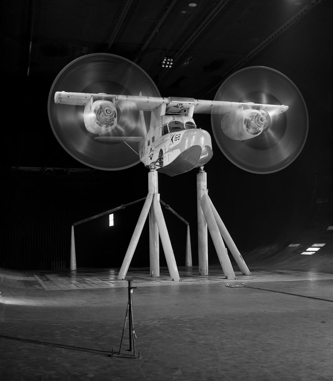 Test No. 175  Kaman K-16 in 40x80 Foot Wind Tunnel at Ames Research Center.  Kaman K-16B was an experimental tilt wing aircraft, it used the fuselage of a JRF-5 and was powered by two General Electric YT58-GE-2A engines.