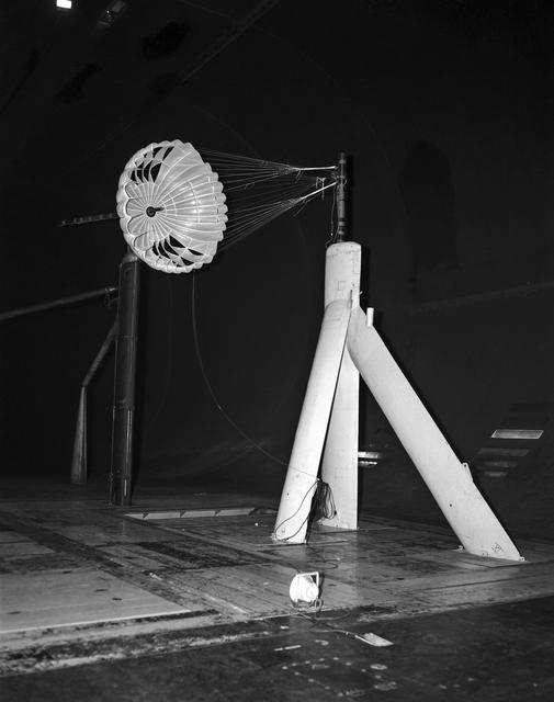 NASA image: Steerable Parachute for Apollo Vehicle in Ames 40x80 foot Wind Tunnel.