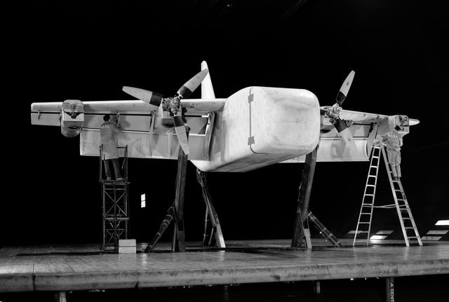 NASA image: XC-142 Tilt Wing; 0.6 Scale Model in the 40x80 Foot Wind Tunnel at NASA Ames Research Center.