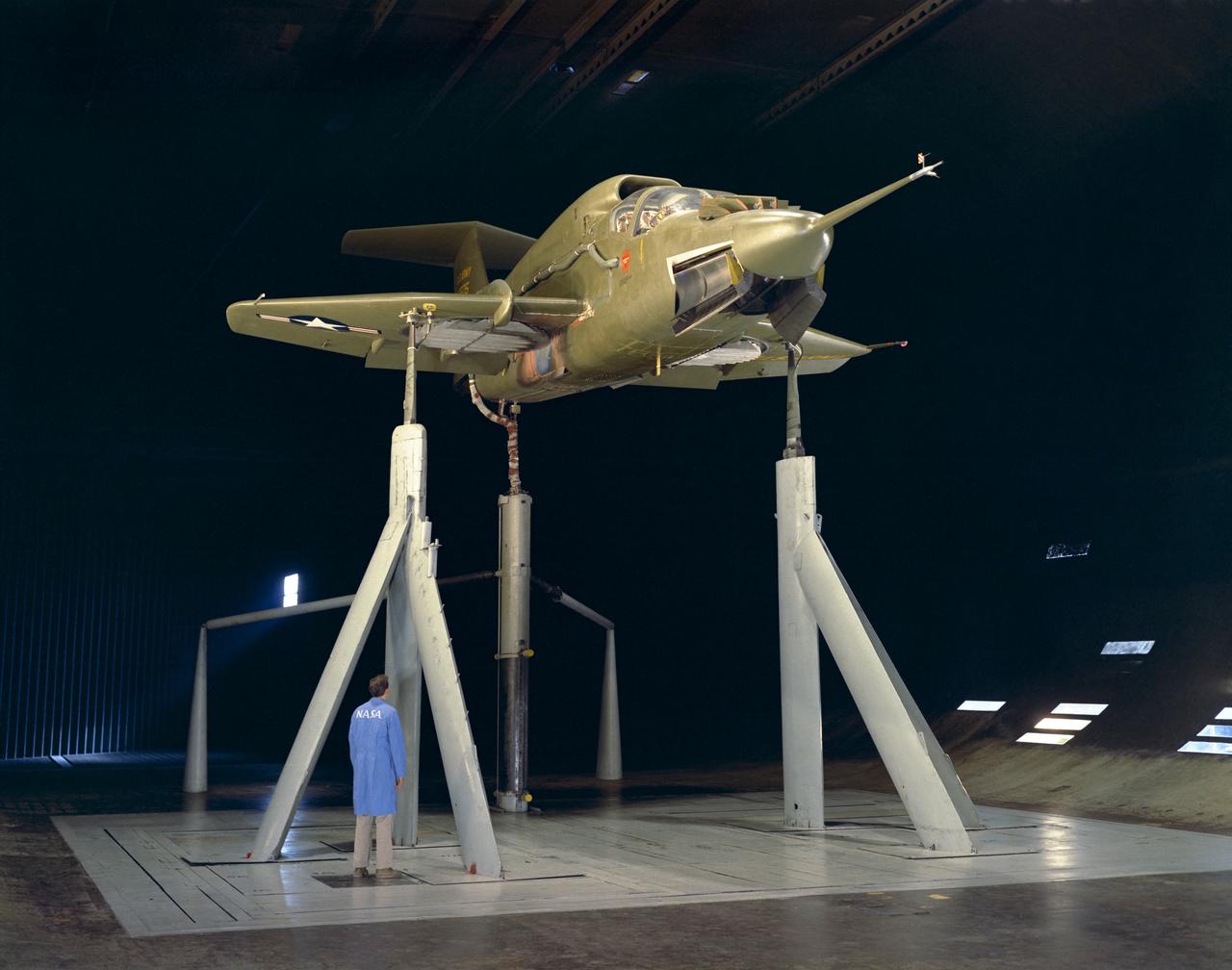 3/4 front view Ryan XV-5A lift-fan VSTOL airplane.  Pictured with Tom Wills.