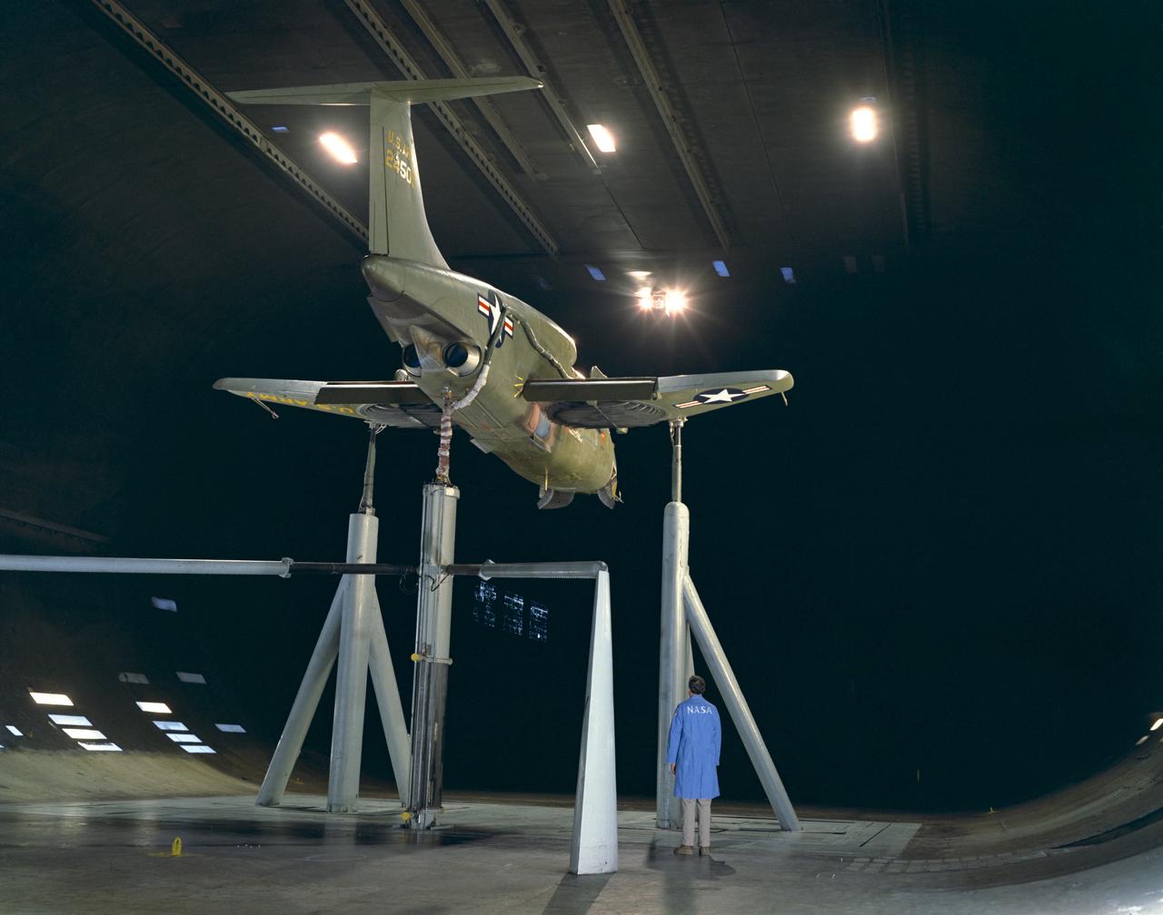 3/4 rear view Ryan XV-5A lift-fan VSTOL airplane.  Pictured with Tom Wills.