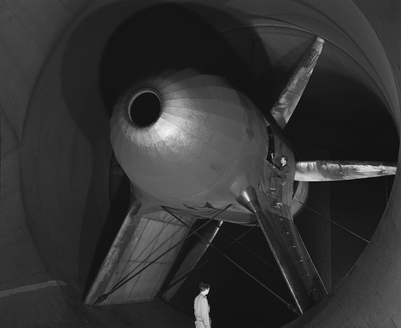 Publicity Shot of close up of Nacell, Drive Nacel and cooling vent in nose for wind tunnel in NACA Ames 40x80 foot Wind Tunnel.