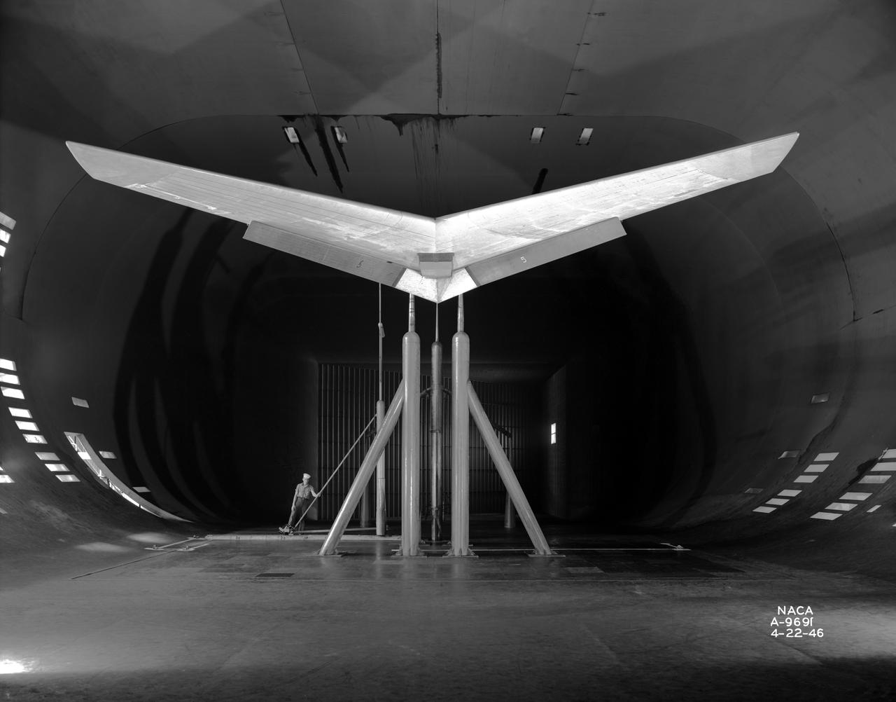 Front View of -45 deg. Forward swept wing with inboard split flaps deflected 60 deg. In NACA Ames 40x80 foot Wind Tunnel.