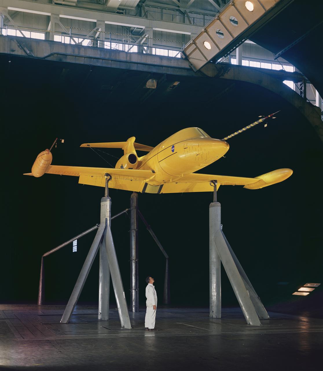 3/4 front view of Lear Jet with Boom installed at 0 degree of attack. Ed Varrette in Photo.