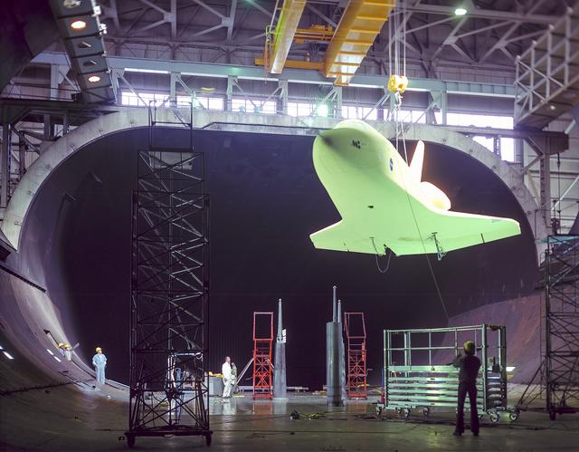 NASA image: Installation of 1/3 scale model of Space Shuttle Orbiter into 40x80 Foot Wind Tunnel.