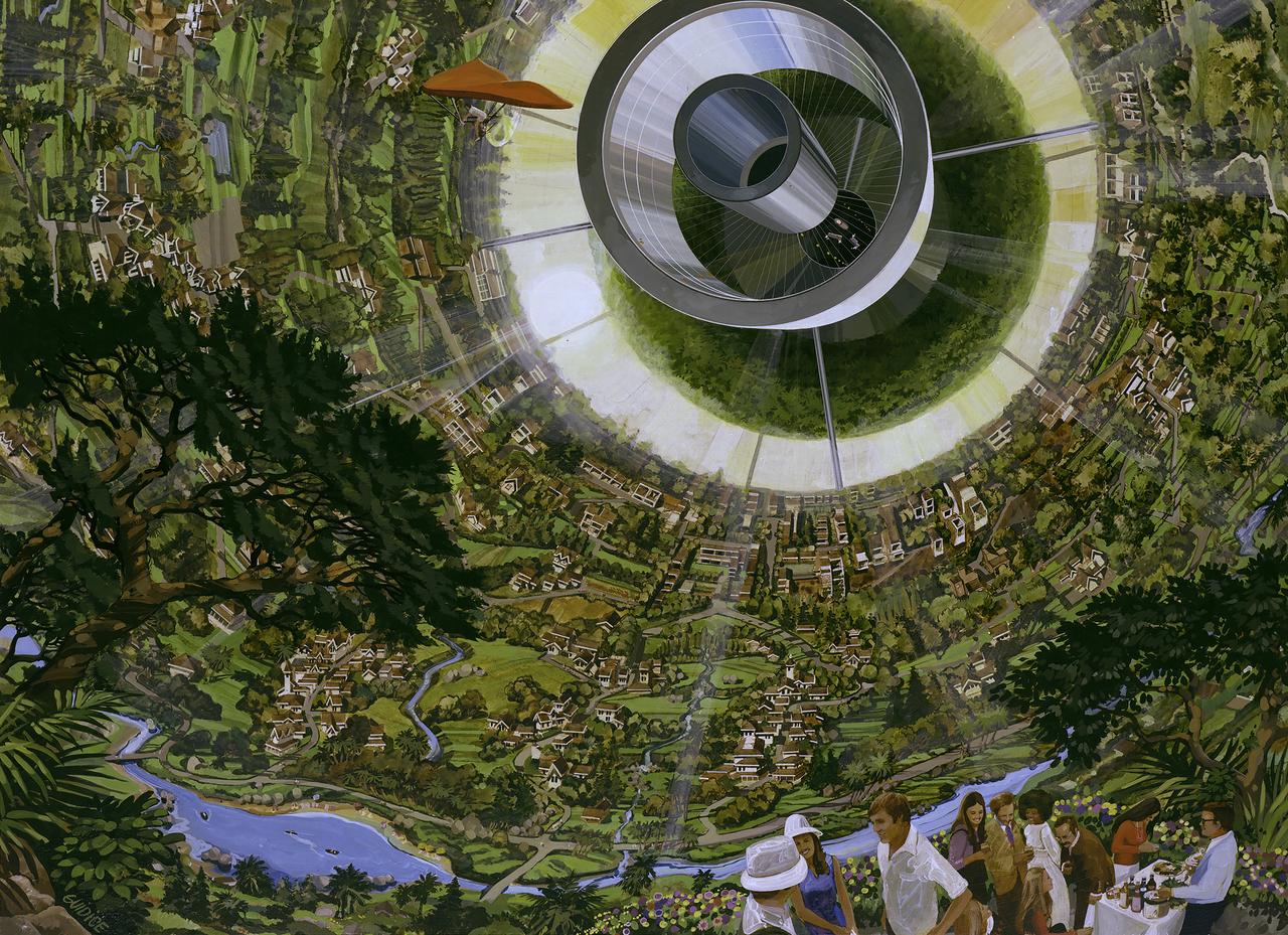 ARTIST: Rick Guidice Space Colonization; inside the sphere gravity is strongest along the equator. as on moves toward the center gravity lessens and one could fly easily. Sunlight enters as shown by the large fuzzy ring. The central tube connects to other sections of the colony.  