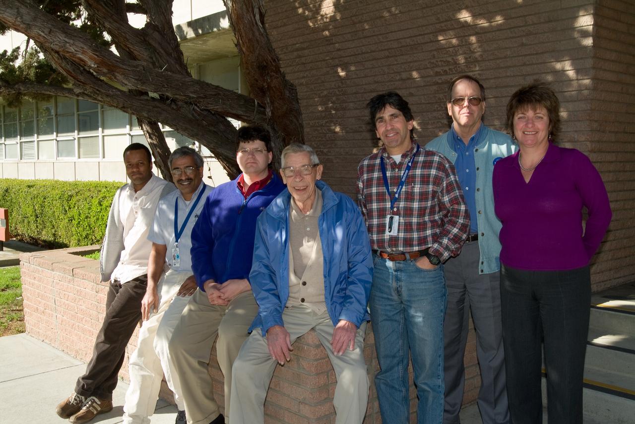 Dr. Alfred Eggers returns for a visit to Ames and the arc jet with (left to right); Ryan Mcdaniel, Dinesh Rabhu, Joe Olejnizak, Alfred Eggers, Jeff Brown, Joe Hartman, Sylvia Johnson.