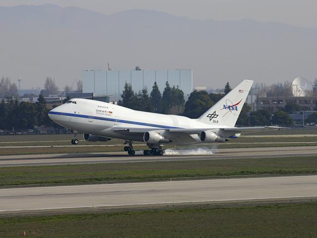 NASA image: NASA's Stratospheric Observatory for Infrared Astronomy touches down at Moffett Field, Calif., for its first visit to NASA Ames Research Center, Jan. 14, 2008