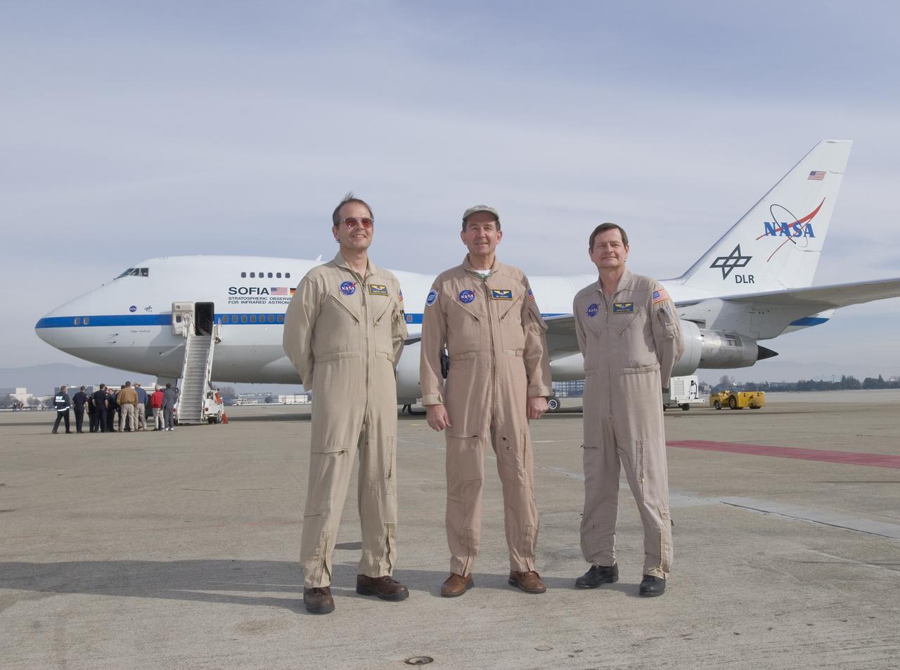 The flight crew of NASA's SOFIA airborne observatory includes (from left), flight engineer Marty Trout and pilots Bill Brockett and Frank Batteas.