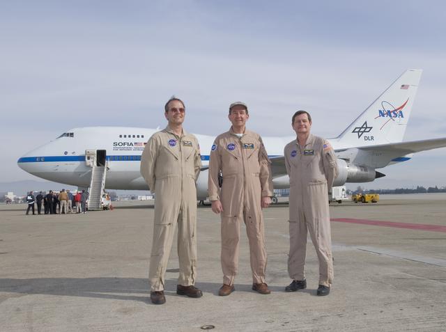 The flight crew of NASA's SOFIA airborne observatory includes (from left), flight engineer Marty Trout and pilots Bill Brockett and Frank Batteas.