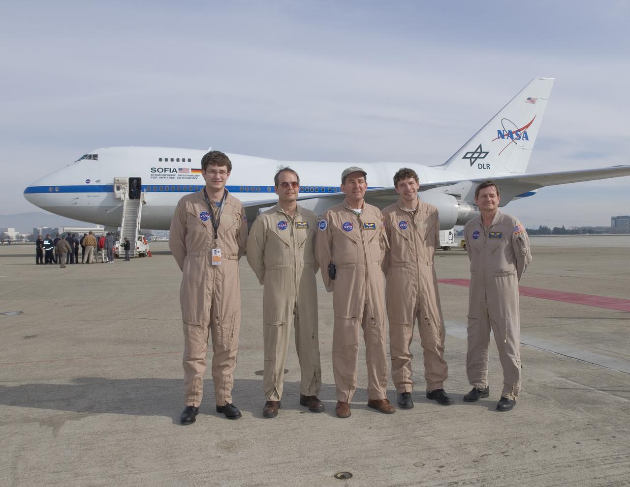 The flight crew of NASA's SOFIA airborne observatory and DLR telescope engineers who operated the system during its visit to NASA Ames Research Center on Jan. 14, 2008 included (from left), DLR telescope engineer Ulli Lampater, flight engineer Marty Trout, pilot Bill Brockett, telescope engineer Andres Reinacher and pilot Frank Batteas.