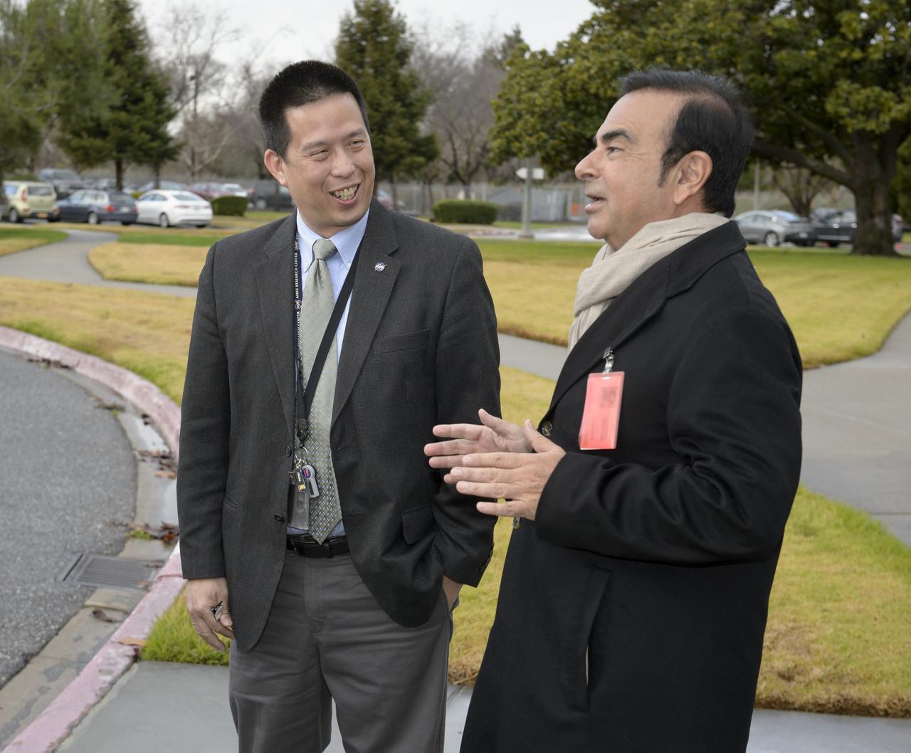 Senior executives from the Renault-Nissan Alliance, including Carlos Ghosn, chairman and CEO of Nissan, and Jose Munoz, chairman of Nissan North America, visited Ames for meetings and a showcase of the technical partnership between NASA and Nissan North America.  Shown here on left is Eugene Tu, Ames Center Director on right is Carlos Ghosn, CEO, Nissan