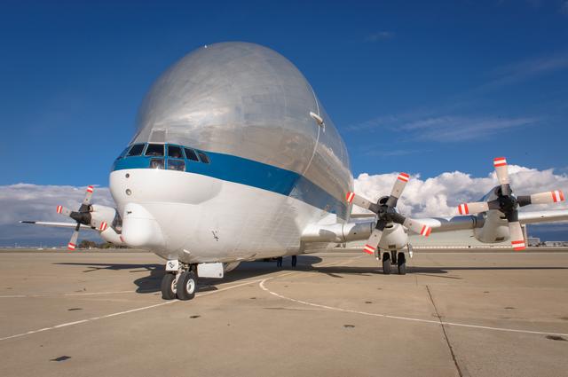 NASA image: NASAs B377SGT Super Guppy Turbine Cargo Airplane lands at Moffett Field at NASA Ames.
