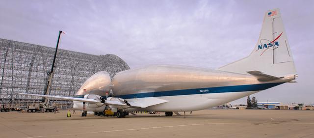NASA image: NASAs B377SGT Super Guppy Turbine Cargo Airplane lands at Moffett Field at NASA Ames.