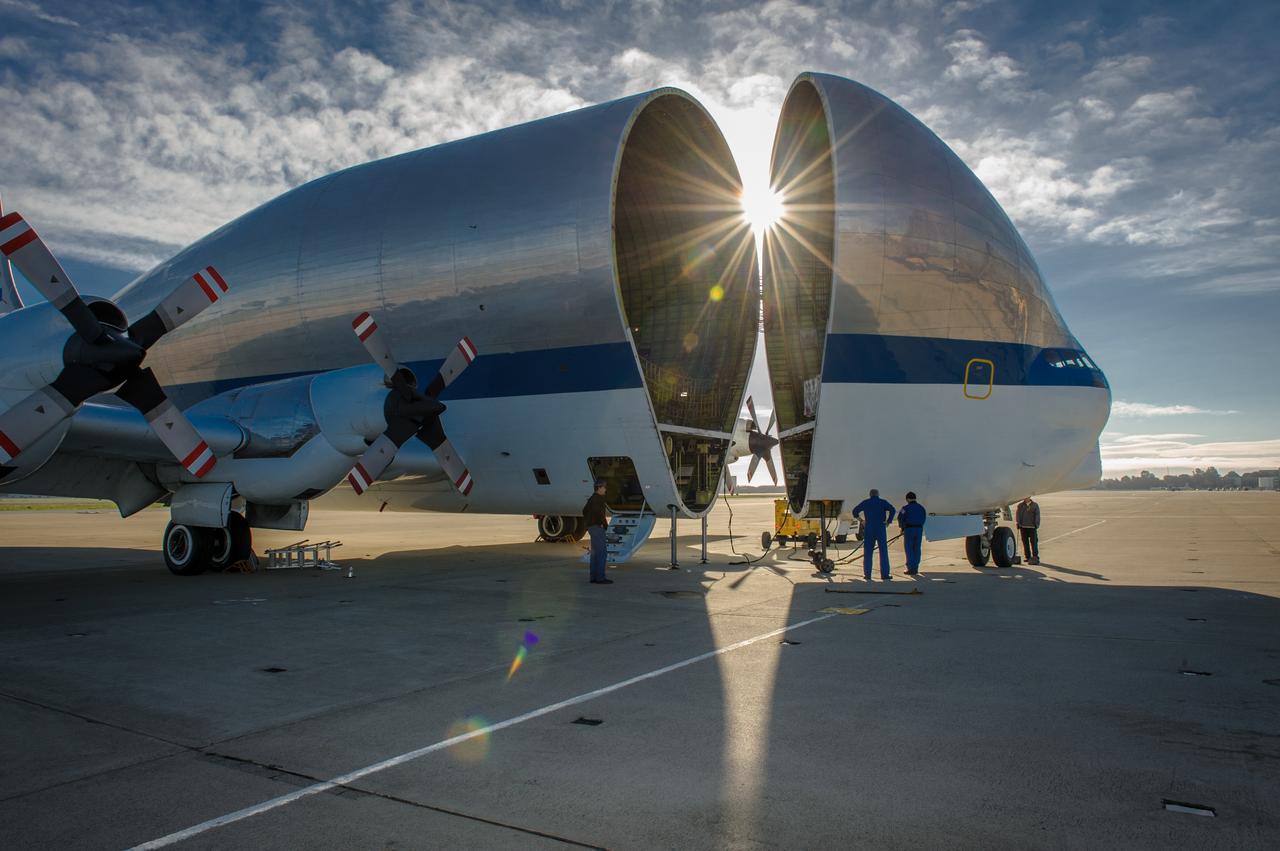 NASA N941NA Superguppy at Moffett Field.  Cargo is loaded into the Super Guppy when the aircraft's "fold-away" nose rotates 110 degrees to the left, allowing unobstructed access to the 25 foot diameter fuselage.