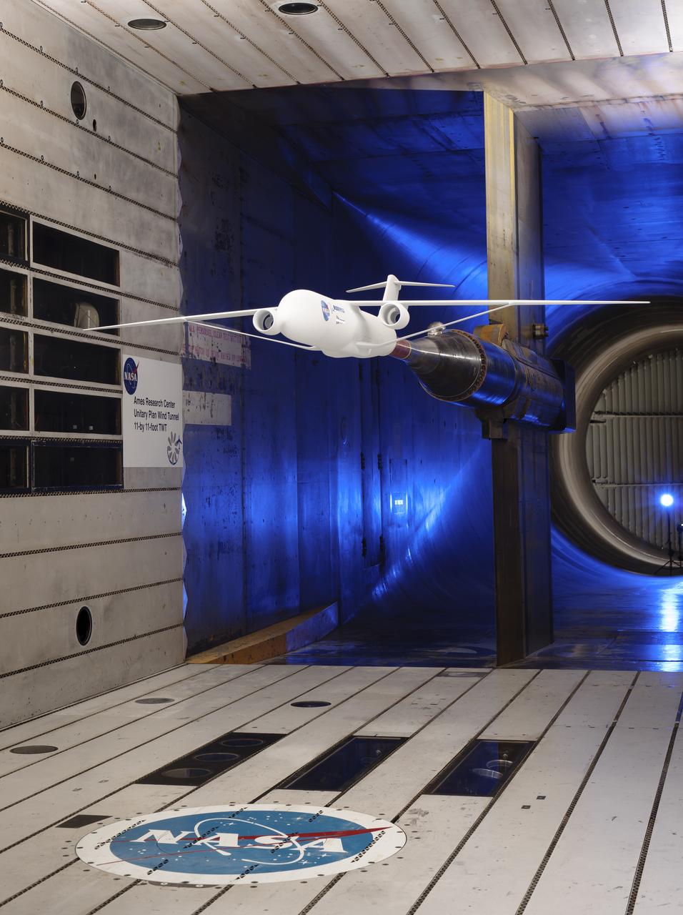 Truss-braced wind model installed in the Ames 11x11 Foot Wind Tunnel for testing as part of the Subsonic Ultra Green Aircraft Research Project (SUGAR)