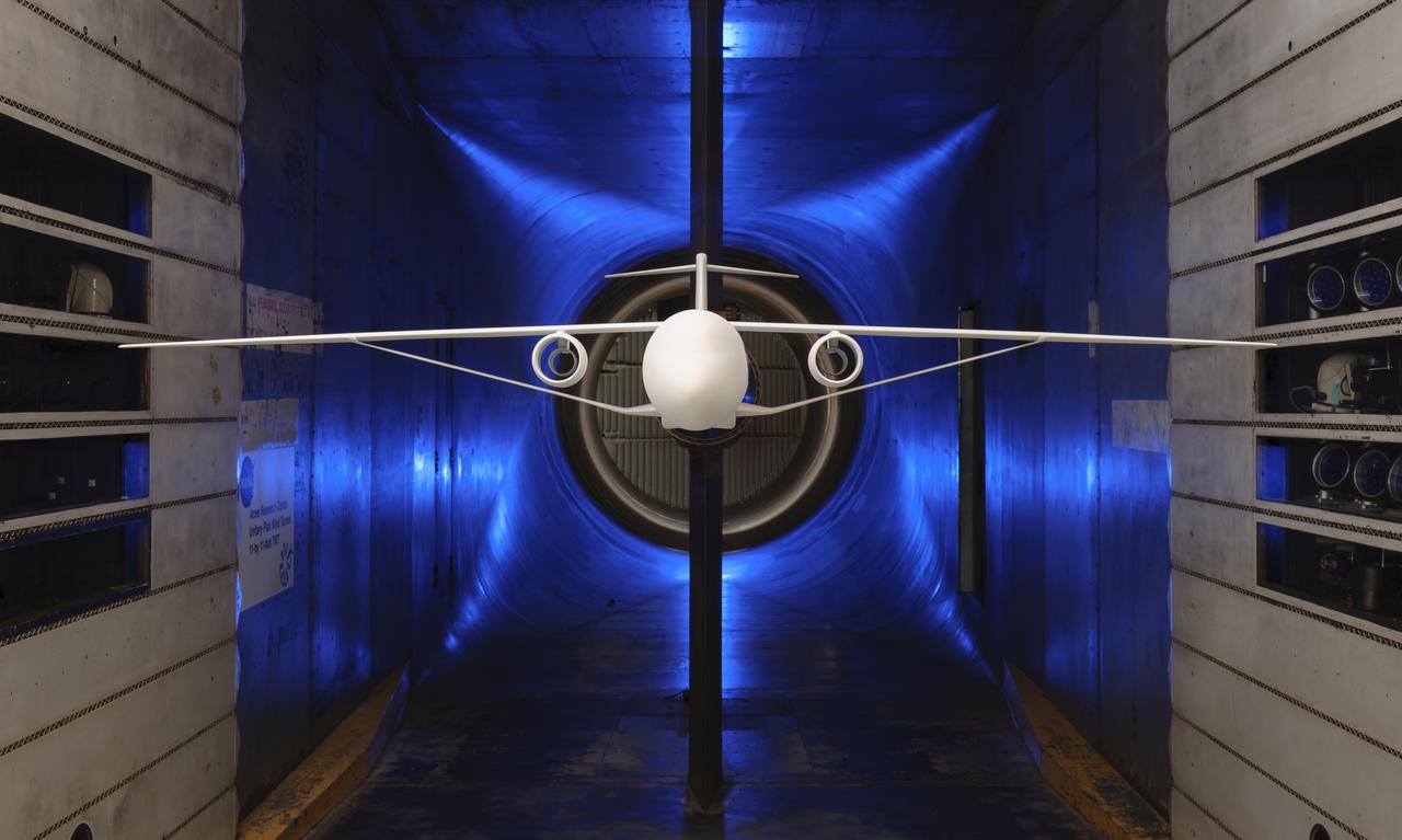 Truss-Braced Wind Model installed in the Ames 11x11 Foot Wind Tunnel for testing. The Truss-Braced model is part of the Subsonic Ultra Green Aircraft Research Project (SUGAR)