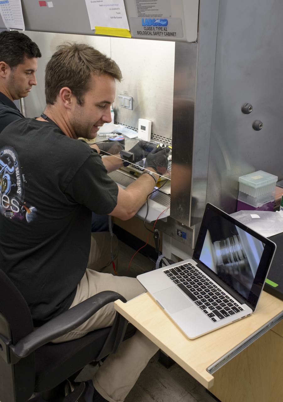 EuCROPIS EVT-2 Power Cell in N-239 Lab Ryan Kent with Flask containing Anabaena Culture