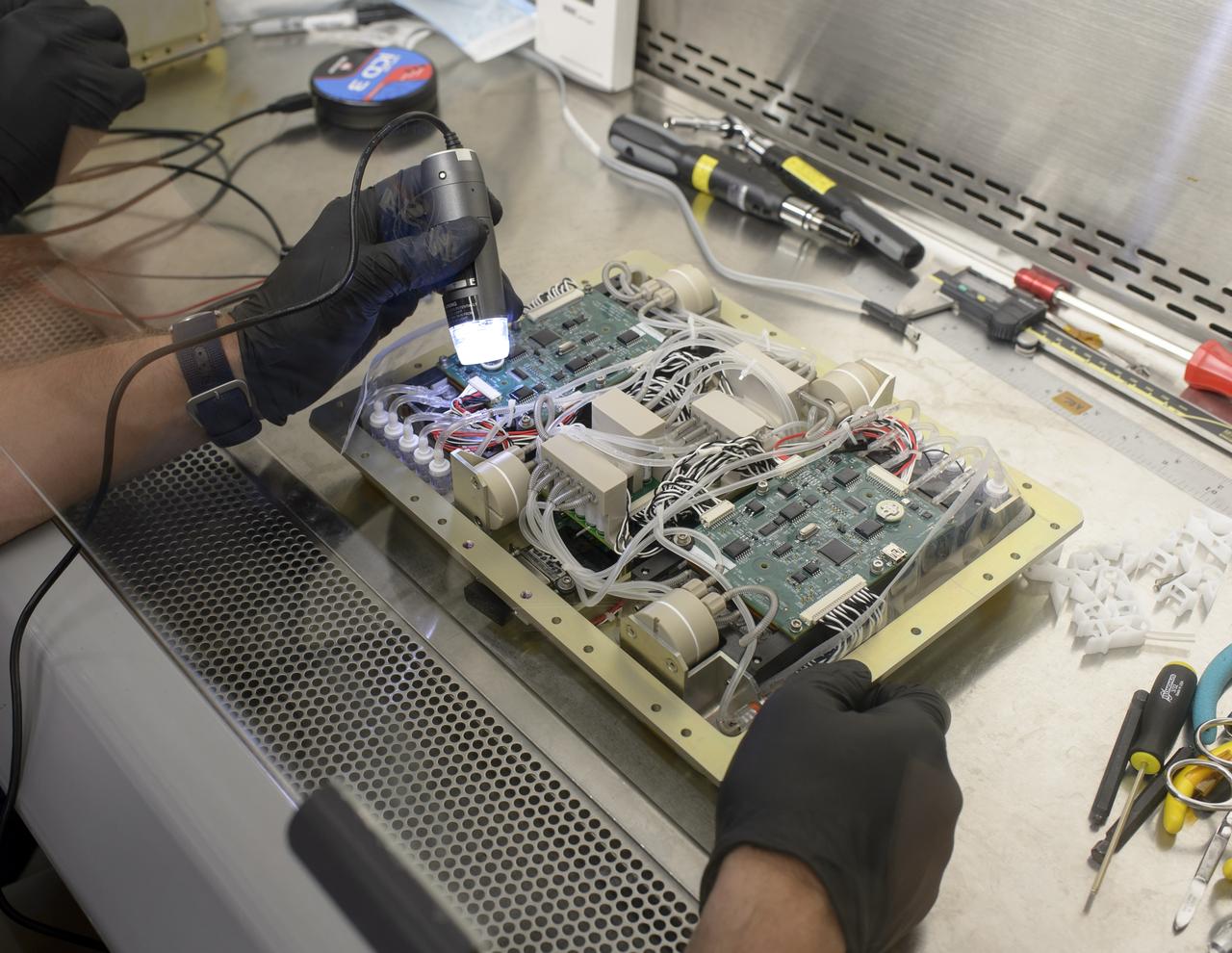 EuCROPIS EVT-2 Power Cell in N-239 Lab Ryan Kent with Flask containing Anabaena Culture