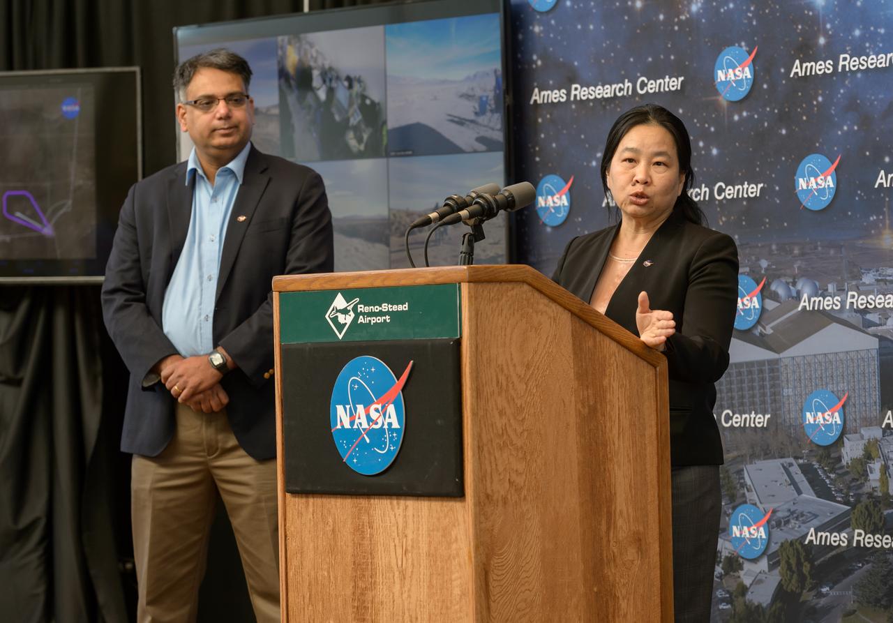 News Conference following the test of Unmanned Aircraft Systems Traffic Management (UTM) technical capability Level 2 (TCL2) at Reno-Stead Airport, Nevada.  Parimal Kopardekar, NASA Ames Senior Engineer for Ait Transportation Systems gave an overview of UTM (Left).  Huy Tran, NASA Ames Aeronautics Director, presents NASA UTM Project Overview. 