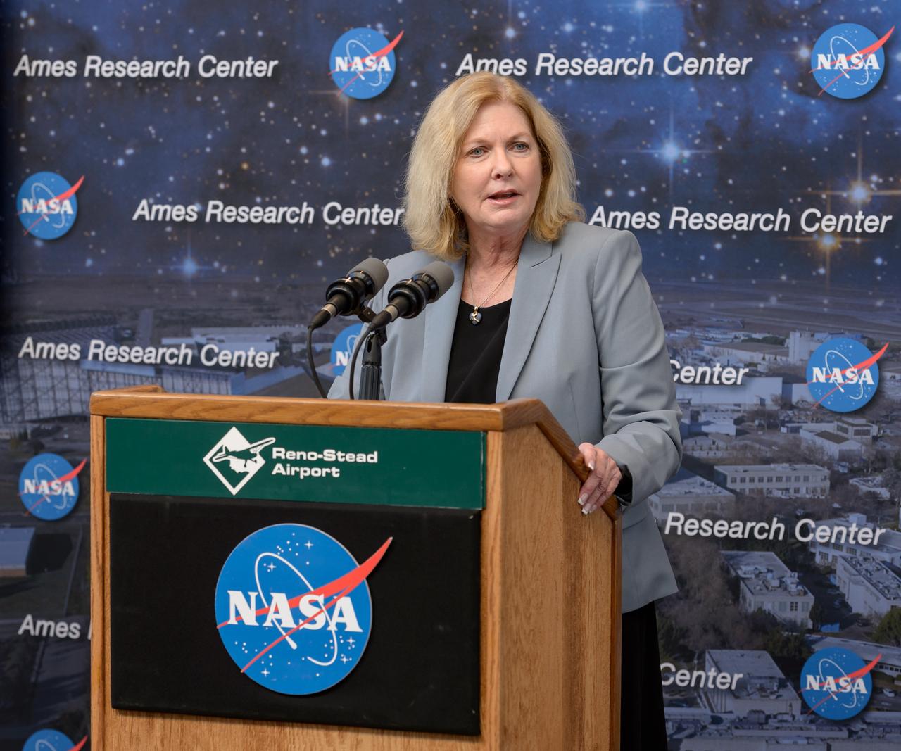 News Conference following the test of Unmanned Aircraft Systems Traffic Management (UTM) technical capability Level 2 (TCL2) at Reno-Stead Airport, Nevada.  Maril Mora, President / CEO of the Reno -Tahoe Airport Authority welcomes NASA and Partners. 