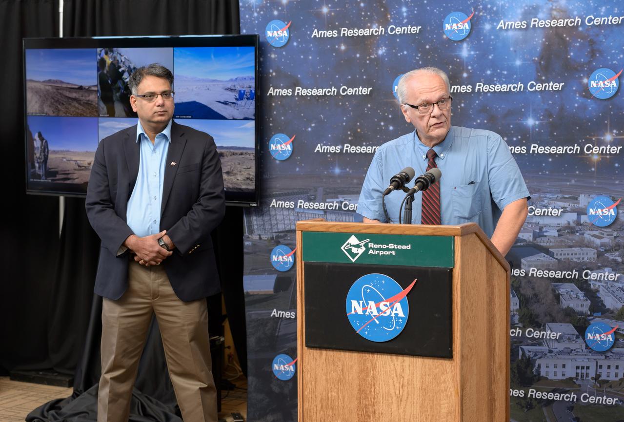 News Conference following the test of Unmanned Aircraft Systems Traffic Management (UTM) technical capability Level 2 (TCL2) at Reno-Stead Airport, Nevada.  Parimal Kopardekar, NASA Ames Senior Engineer for Ait Transportation Systems gave an overview of UTM (Left). 