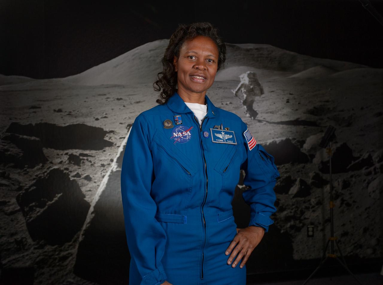 Astronaut Yvonne Cagle in the Apollo Moon Room of the Ames Exploration Center (943-A). Still photo for the NASA Hidden Figures Project.