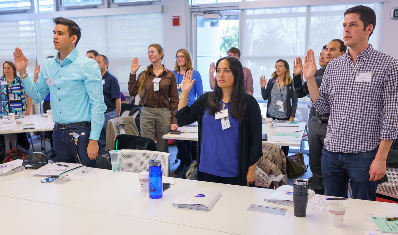 New Employee orientation and swearing-in with Left to right Brandon Baeza, Kailin Kwan, Joseph Haglage