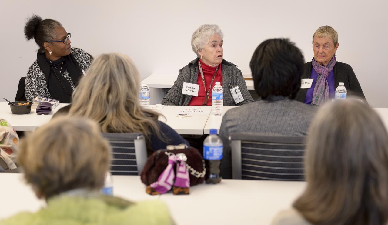Ames Women's Influence Network (WIN) Hidden Figures talk with "Computers" Carolyn Hofstetter and Carol Mead co-sponsored by the AAAG. Left to right Barbara Miller, Ames EEO, Computers Carolyn Hofstetter and Carol Mead