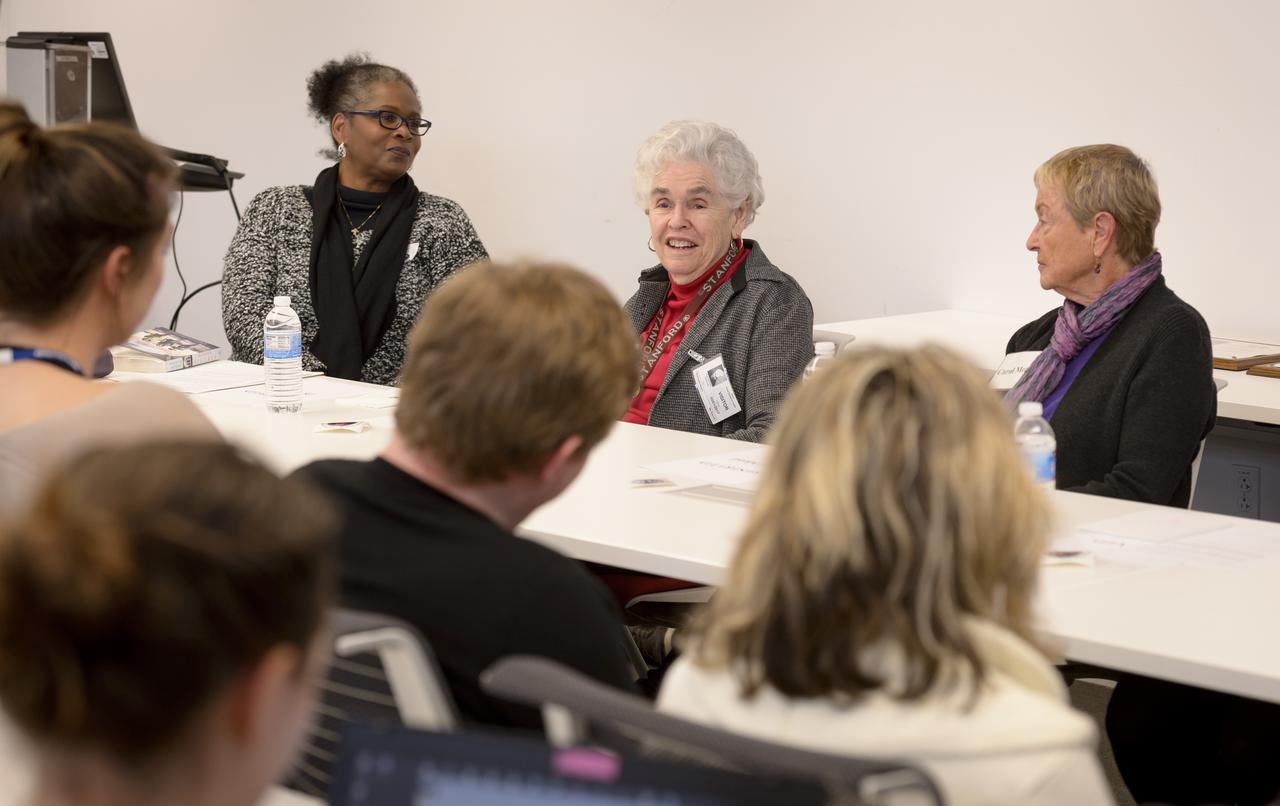 Ames Women's Influence Network (WIN) Hidden Figures talk with "Computers" Carolyn Hofstetter and Carol Mead co-sponsored by the AAAG.. Left to right Barbara Miller, Ames EEO, Computers Carolyn Hofstetter and Carol Mead