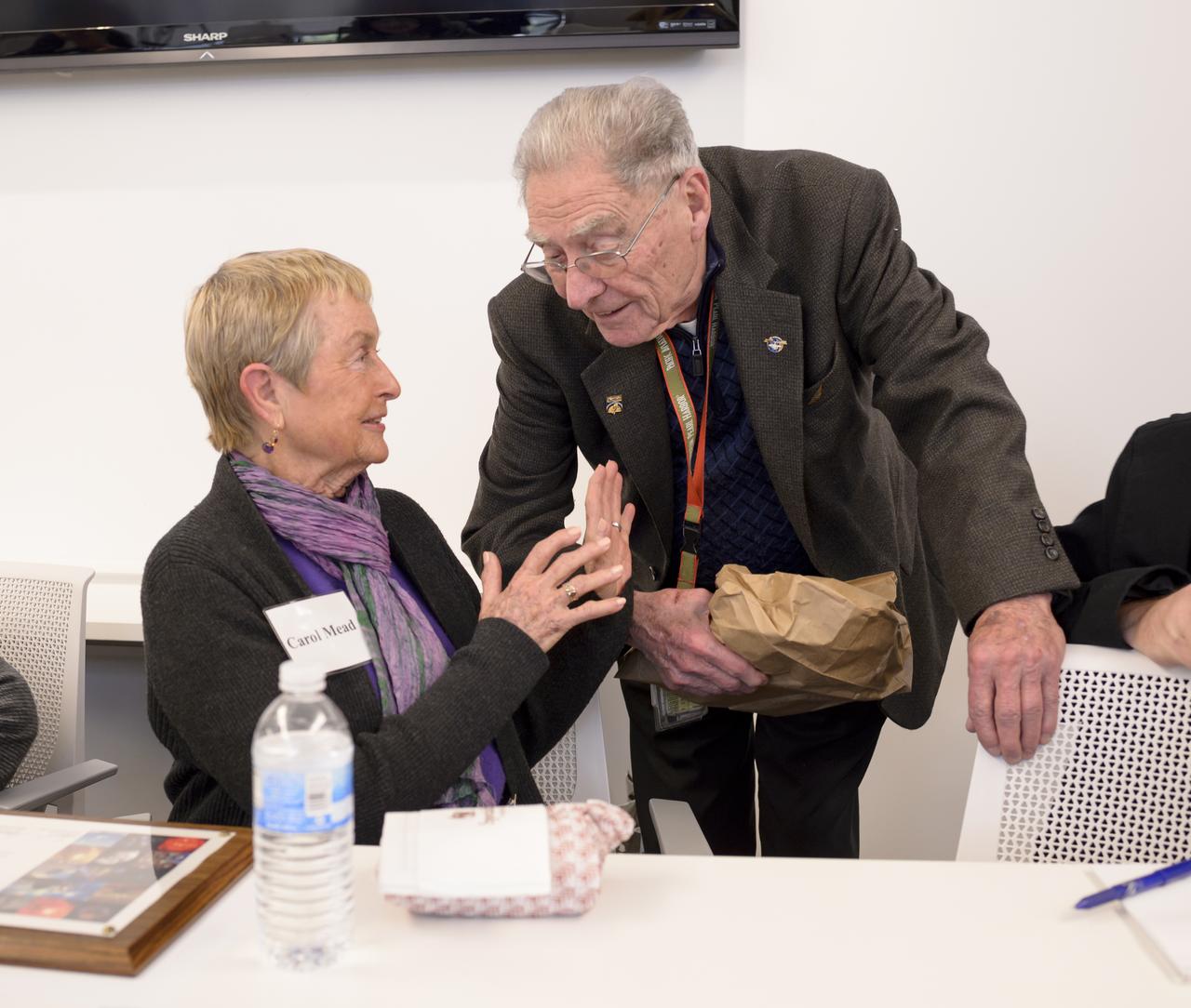 Ames Women's Influence Network (WIN) Hidden Figures talk with "Computers" Carolyn Hofstetter and Carol Mead co-sponsored by the AAAG. Left to right Carol Mead and Jack Boyd