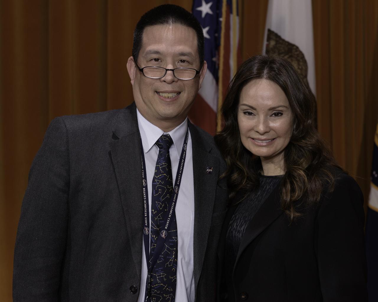 Ames Center Director, Eugene Tu (Left) with Rosie Rios, the 43rd Treasurer of the United States explores how understanding our history will provide a clearer roadmap for understanding where the country's future is heading.  Presented by the Ames Women's Influence Network (WIN) and the Hispanic Advisory Committee for Employees (HACE) in the Syvertson Auditorium (N-201) at Ames Research Center. Eugene Tu, Ames Director with Rosie Rios