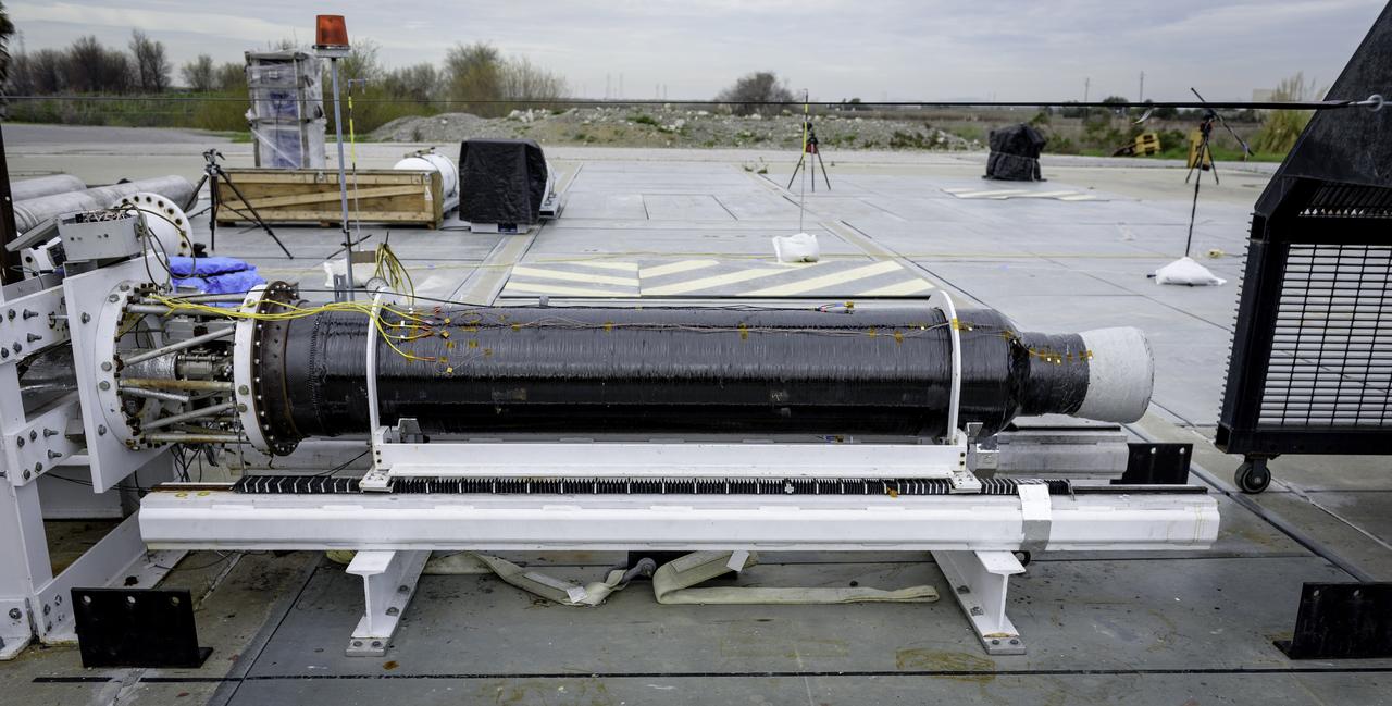 The Peregrine Hybrid Rocket Engine, profile view, prior to the test at the Outdoor Aerodynamic Research Facility (OARF, N-249) at Ames Research Center.